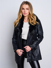 WOMEN'S LONG SLEEVE ZIP UP REMOVABLE SHERPA COLLAR PU PLEATHER JACKET