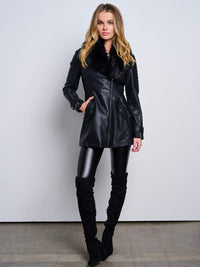 WOMEN'S LONG SLEEVE ZIP UP REMOVABLE SHERPA COLLAR PU PLEATHER JACKET