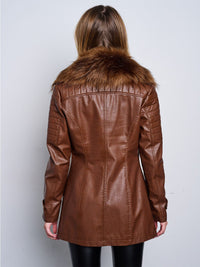 WOMEN'S LONG SLEEVE ZIP UP REMOVABLE SHERPA COLLAR PU PLEATHER JACKET