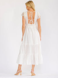 WOMEN'S SHORT SLEEVE V-NECK OPEN BACK TIERED CROCHET LACE MAXI DRESS