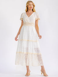 WOMEN'S SHORT SLEEVE V-NECK TIERED CROCHET LACE MAXI DRESS