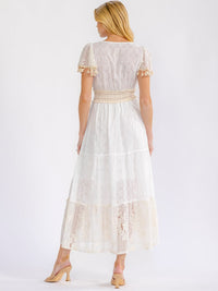 WOMEN'S SHORT SLEEVE V-NECK TIERED CROCHET LACE MAXI DRESS