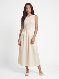 WOMEN'S SLEEVELESS FRONT POCKETS RUCHED FIT & FLARE MAXI DRESS