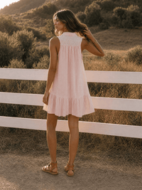WOMEN'S SLEEVELESS BUTTON UP SMOCK FRONT POCKETS STRIPES MINI DRESS