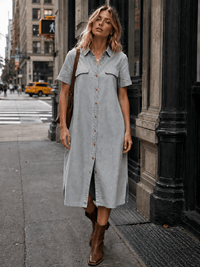 WOMEN'S SHORT SLEEVE FRONT POCKETS BUTTON UP SIDE SLITS DENIM MIDI DRESS