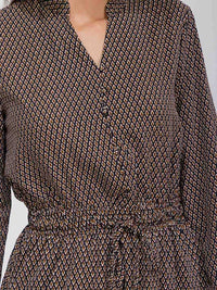 WOMEN'S LONG SLEEVE BUTTON UP ADJUSTABLE WAIST POCKETS PRINTED MIDI DRESS