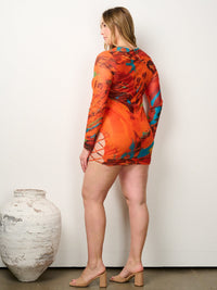 PLUS SIZE LONG SLEEVE SIDE LACE UP PRINT BODYCON MINI DRESS