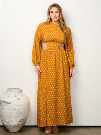 PLUS SIZE ONE LONG SLEEVE CUT OUT POLKA DOTS MAXI DRESS