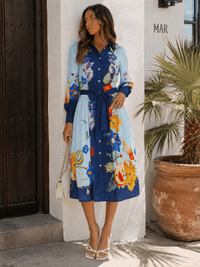 WOMEN'S LONG SLEEVE SELF TIE BUTTON UP MULTI PRINT MIDI DRESS