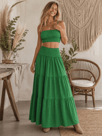 WOMEN'S ELASTIC WAIST TIERED MAXI SKIRT