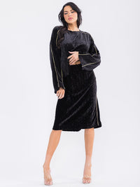 WOMEN'S ELASTIC WAIST VELVET DETAILED MIDI SKIRT