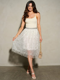 WOMEN'S ELASTIC WAIST EMBROIDERY FLOWER DETAILED MIDI SKIRT