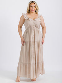 PLUS SIZE SLEEVELESS BUTTONS TIERED RUFFLE MAXI DRESS
