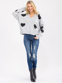 WOMEN'S LONG SLEEVE V-NECK HEART PRINT KNIT PULLOVER SWEATER