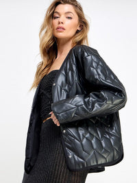 WOMEN'S LONG SLEEVE BUTTON CLOSURE POCKETS QUILTED PU JACKET