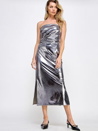 WOMEN'S SLEEVELESS RUCHED METALLIC MAXI DRESS