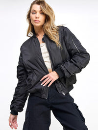 WOMEN'S LONG RUCHED SLEEVE ZIP UP POCKETS BOMBER JACKET