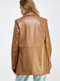 WOMEN'S LONG SLEEVE BUTTON CLOSURE POCKETS PU PLEATHER JACKET