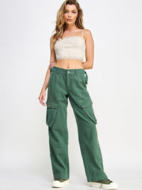 WOMEN'S BUTTON CLOSURE CARGO POCKETS WIDE LEG PANTS