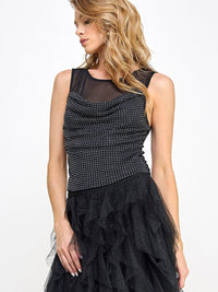 WOMEN'S SLEEVELESS MESH STUDS COWL NECK BLOUSE TANK TOP