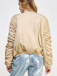 WOMEN'S LONG RUCHED SLEEVE ZIP UP POCKETS BOMBER JACKET