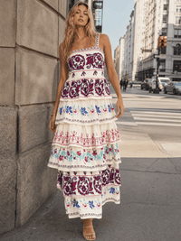 WOMEN'S SLEEVELESS SMOCK BACK RUFFLE TIERED MULTI PRINT MAXI DRESS