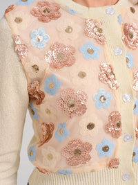 WOMEN'S LONG SLEEVE BUTTON CLOSURE SEQUINS FLORAL SWEATER