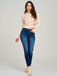 WOMEN'S LONG SLEEVE BUTTON CLOSURE SEQUINS FLORAL SWEATER