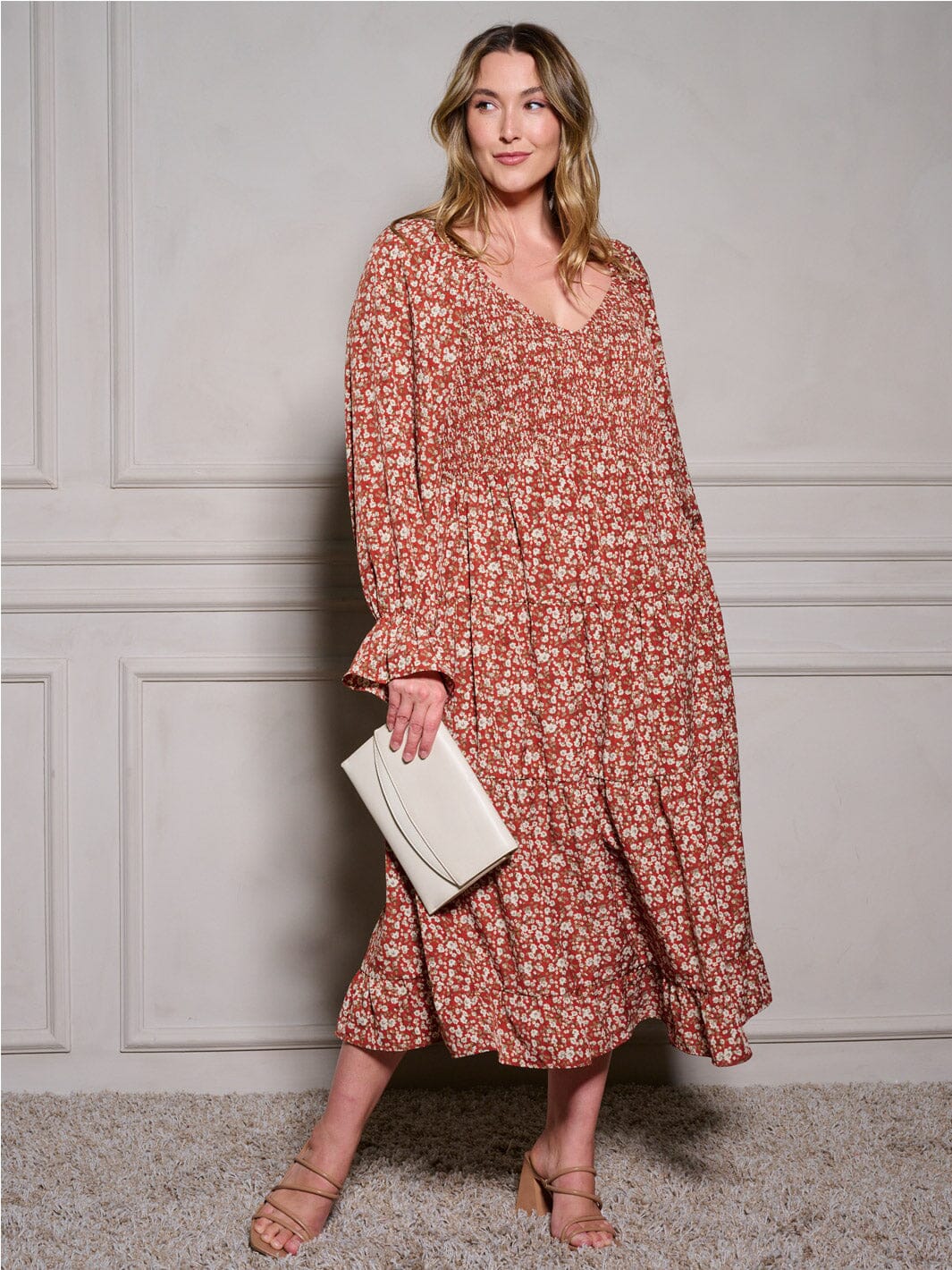 Full Size Deep-V Neck Long Sleeve Maxi Dress Plus Size