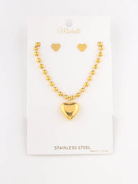 WOMEN'S STAINLESS STEEL HEART EARRINGS & NECKLACE SET