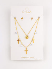 WOMEN'S STAINLESS STEEL CROSS & HEART EARRINGS & NECKLACE SET