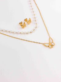 WOMEN'S GOLD STAINLESS STEEL BUTTERFLY EARRINGS & NECKLACE SET