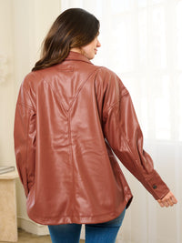 WOMEN'S LONG SLEEVE BUTTON UP FRONT POCKET PU PLEATHER JACKET