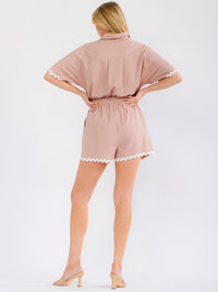 WOMEN'S SHORT SLEEVE BUTTON UP SELF TIE FRON POCKETS TRIM DETAILED LINEN ROMPER
