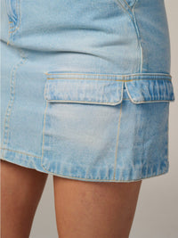 WOMEN'S BUTTON CLOSURE POCKETS WASHED DENIM MINI SKIRT