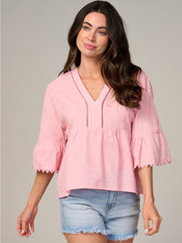 WOMEN'S SHORT SLEEVE V-NECK TRIM DETAILED BLOUSE