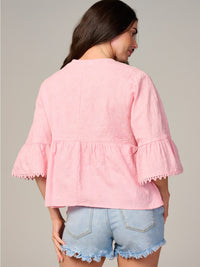 WOMEN'S SHORT SLEEVE V-NECK TRIM DETAILED BLOUSE