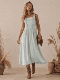 WOMEN'S SLEEVELESS SQUARE NECK RUFFLE FRONT POCKETS MAXI DRESS