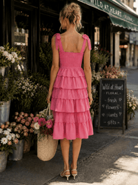 WOMEN'S SLEEVELESS SQUARE NECK SMOCK TIERED RUFFLE EYELET MIDI DRESS