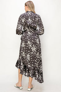 WOMEN'S LONG SLEEVE V-NECK SELF TIE HIGH-LOW FLORAL PRINT WRAP MIDI DRESS