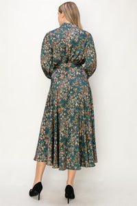 WOMEN'S LONG SLEEVE V-NECK SELF TIE LEAF PRINT WRAP MIDI DRESS