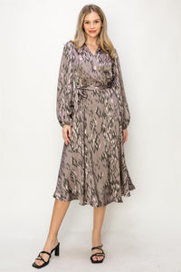 WOMEN'S LONG SLEEVE V-NECK SELF TIE ANIMAL PRINT WRAP MIDI DRESS