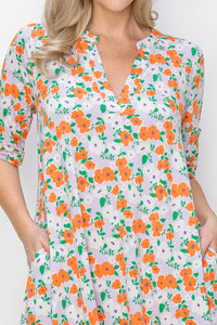 WOMEN'S SHORT SLEEVE V-NECK POCKETS FLORAL PRINT TUNIC MINI DRESS