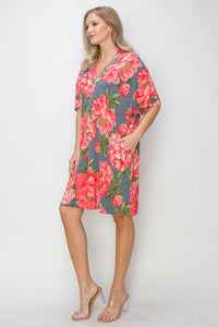 WOMEN'S SHORT SLEEVE V-NECK POCKETS FLORAL PRINT TUNIC MINI DRESS