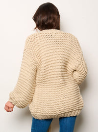 WOMEN'S LONG PUFF SLEEVE OPEN FRONT SELF TIE OVERSIZED CARDIGAN
