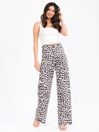 WOMEN'S BUTTON CLOSURE BACK POCKETS WIDE LEG ANIMAL PRINT PANTS