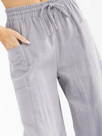 WOMEN'S ELASTIC WAIST POCKETS WIDE LEG PALAZZO LINEN PANTS