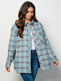 WOMEN'S LONG SLEEVE BUTTON UP FRONT POCKETS PUFFER PLAID JACKET