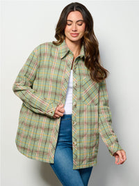 WOMEN'S LONG SLEEVE BUTTON UP FRONT POCKETS PUFFER PLAID JACKET