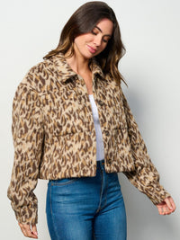 WOMEN'S LONG SLEEVE BUTTON CLOSURE POCKETS ANIMAL PRINT FUZZY JACKET